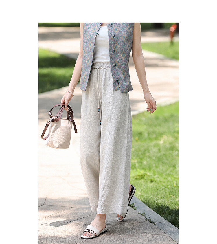 Demana [100 Lyocell] Summer Lightweight Nine-Point Tapered Beaded Drawstring Elastic Waist Petite Women's Casual Pants 18