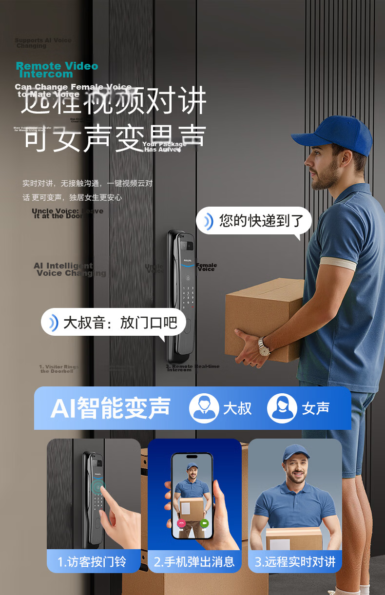 PHILIPS Blue Shield Upgraded Smart Door Lock with Facial Recognition, Peephole, Large Screen, Fingerprint Lock, Electronic Lock 702FVP-P 8