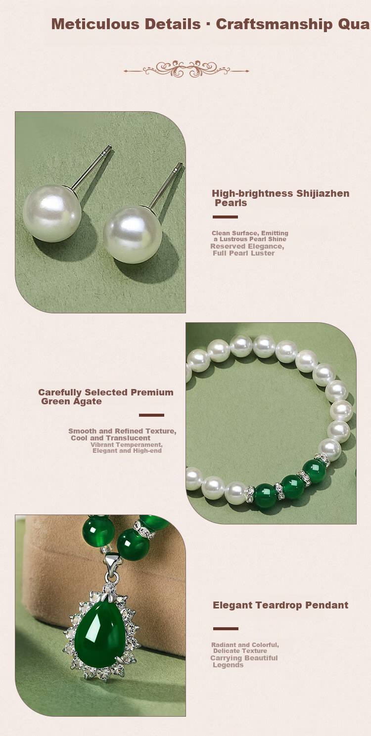 Elegant Faux Pearl Bead Necklace with Green Agate Pendant Jewelry Set of 3 Birthday Gift for Girlfriend, Mom, and Elders 2
