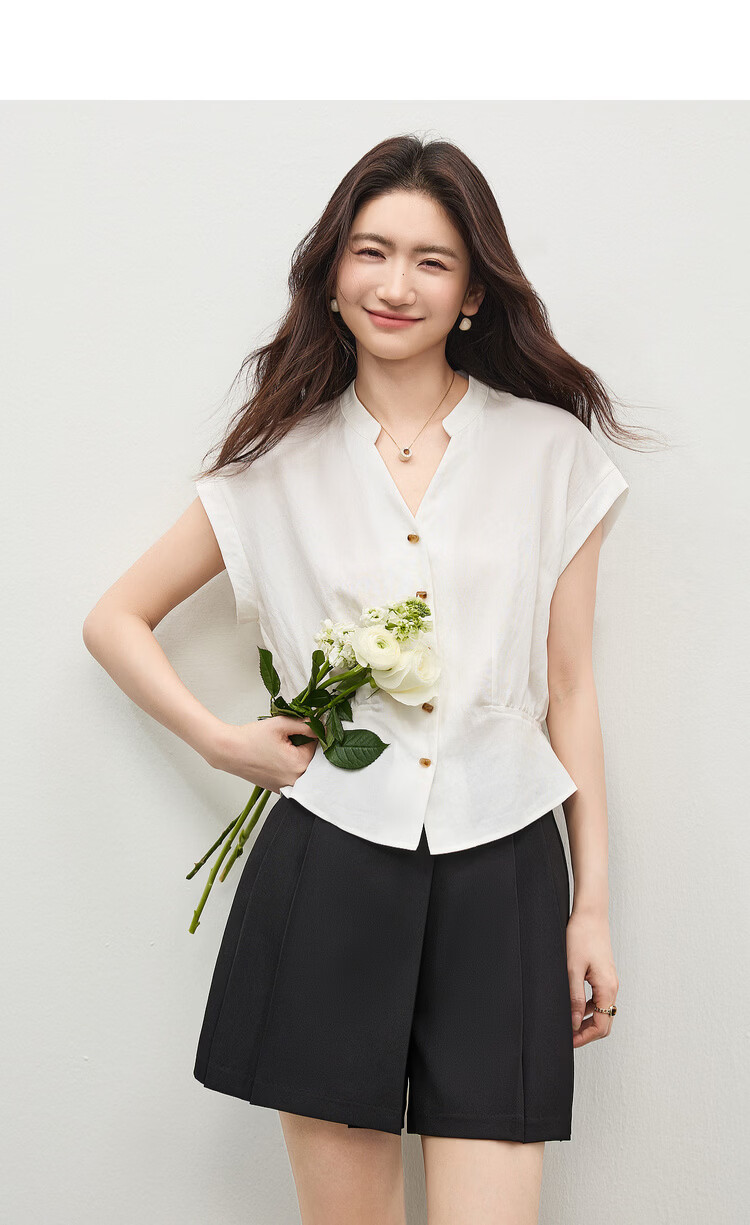 Shangdu Bila Linen Blend Stand Collar Shirt for Women Spring Summer Color-Block Button Slim Fit Flutter Sleeve Waist-Defined Short Sleeve Elegant Top 7