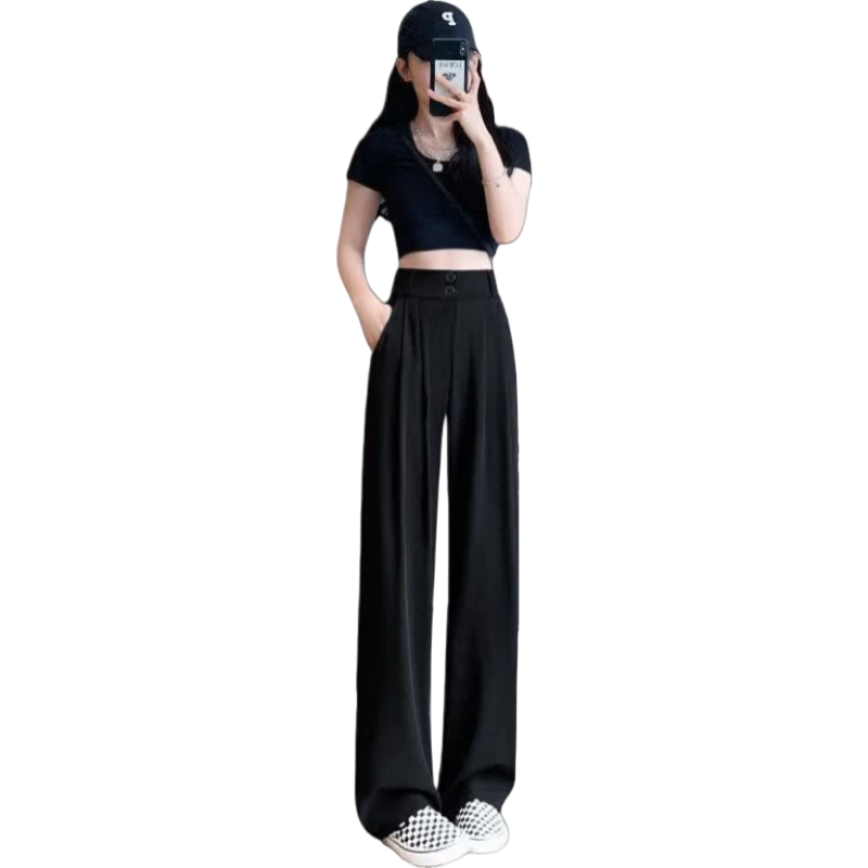 LangSha Black Women's Suit Pants, 2025 New Style, Office Commute, High-End Feel, Straight-Leg Slimming Thin High-Waist Wide-Leg Trousers