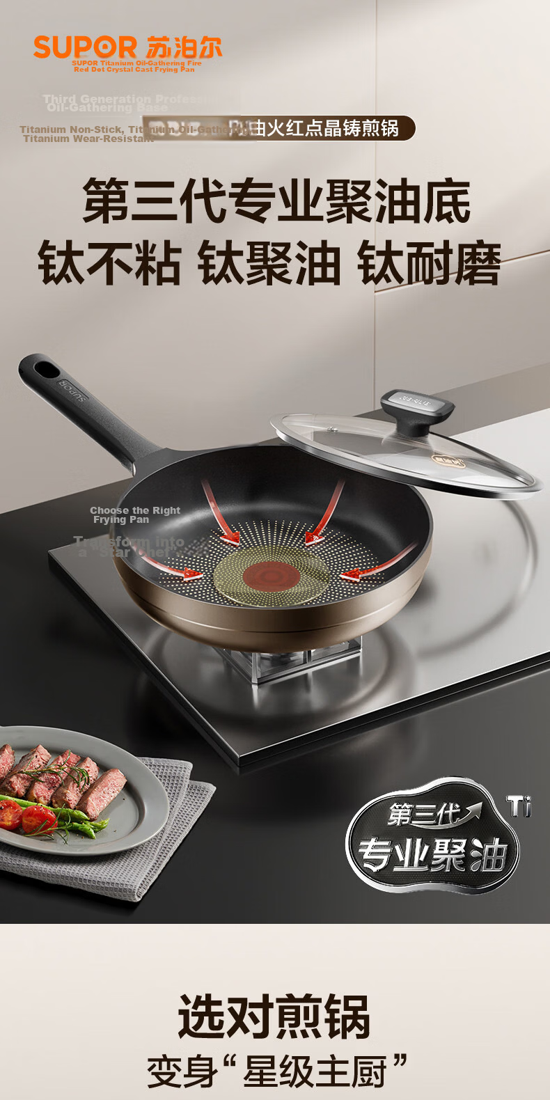 SUPOR Titanium Oil-Repellent Red Dot Non-Stick Frying Pan, Ultra Durable Non-Stick Skillet, Compatible with Induction Cooktops PJ28JZ1 3
