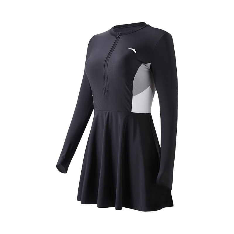 ANTA Women's Long Sleeve One-Piece Skirted Conservative Quick-Dry Sun Protection Slimming Swimwear Black XL