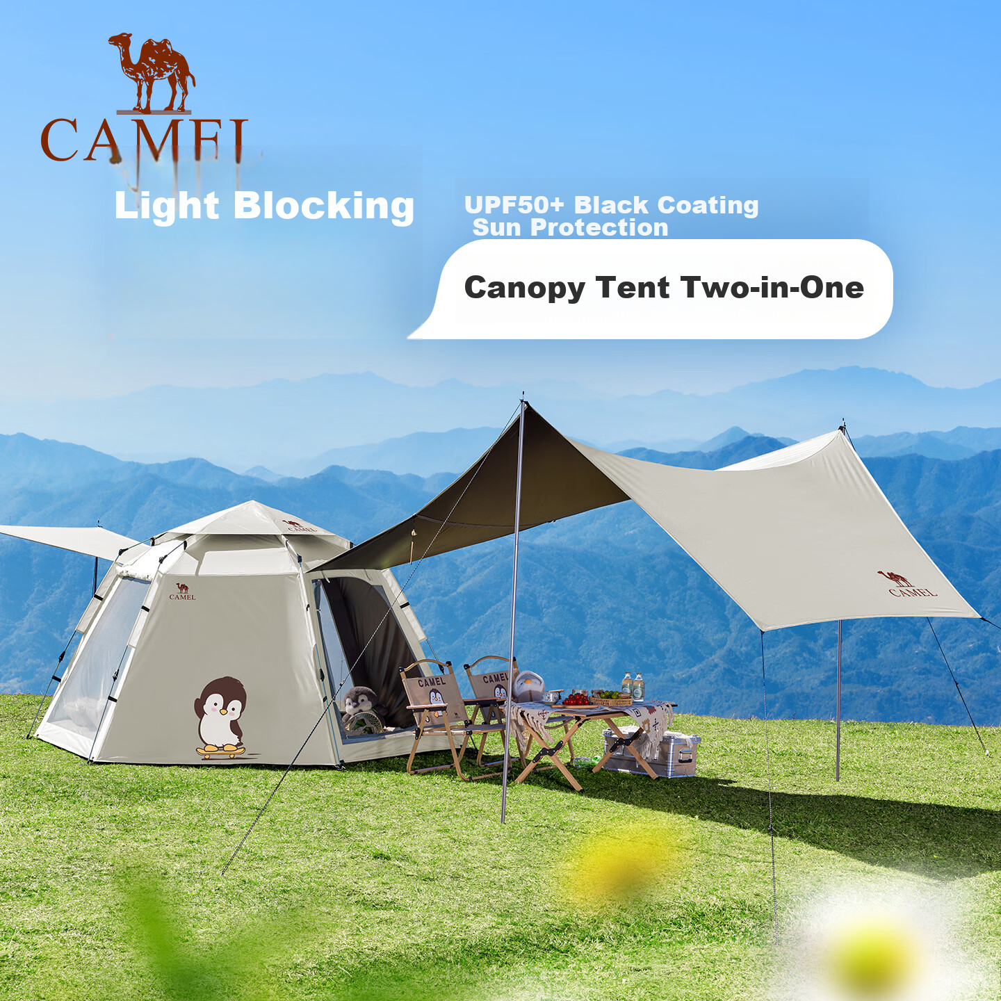 Camel Hug Goose Hexagonal Black Coating Outdoor Camping Park Automatic Canopy Tent 2-in-1 Pearl White 4011