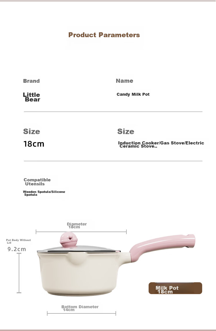 Bear Titanium Ceramic Non-Stick Milk Pot Baby Food Pot Healthy Coating Soup Pot 18cm Stove Compatible 13