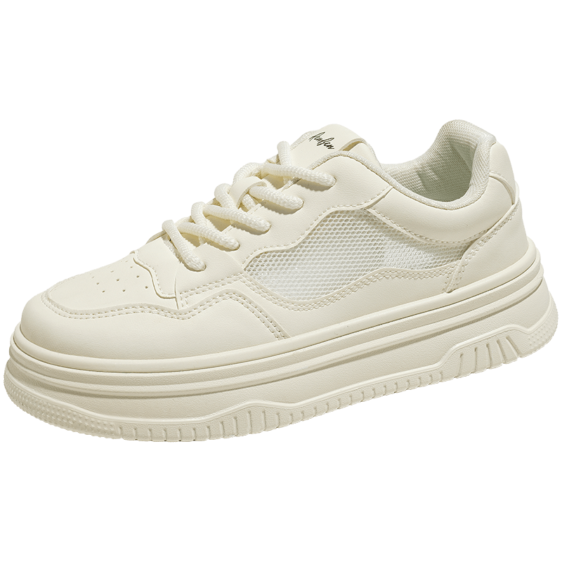 Renben Official Women's Summer Casual Shoes Mesh Breathable Sneakers Versatile White Shoes Beige Size 37