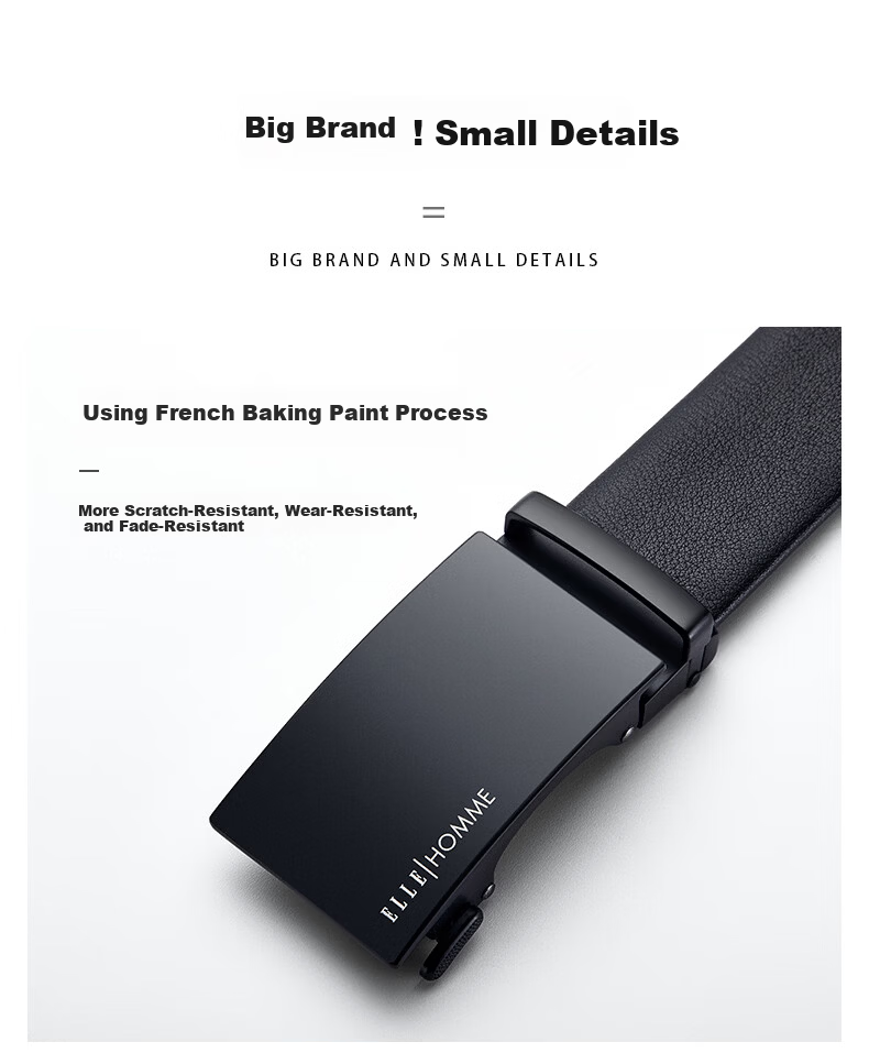 ELLE HOMME French Brand Men's Genuine Leather Automatic Buckle Belt Cowhide Waistband Gift Box Birthday Gift for Husband Father's Day 10