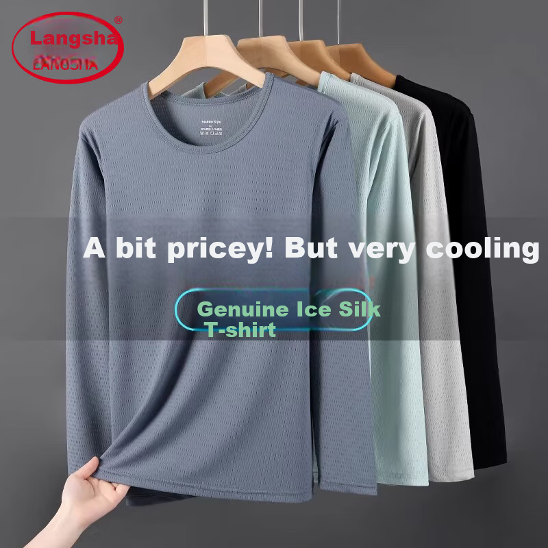 Langsha Ice Silk Long Sleeve T-Shirt Men Summer Thin Mesh Breathable Air Conditioning Shirt Plus Size Base Shirt Sun Protection Quick-Dry Tee