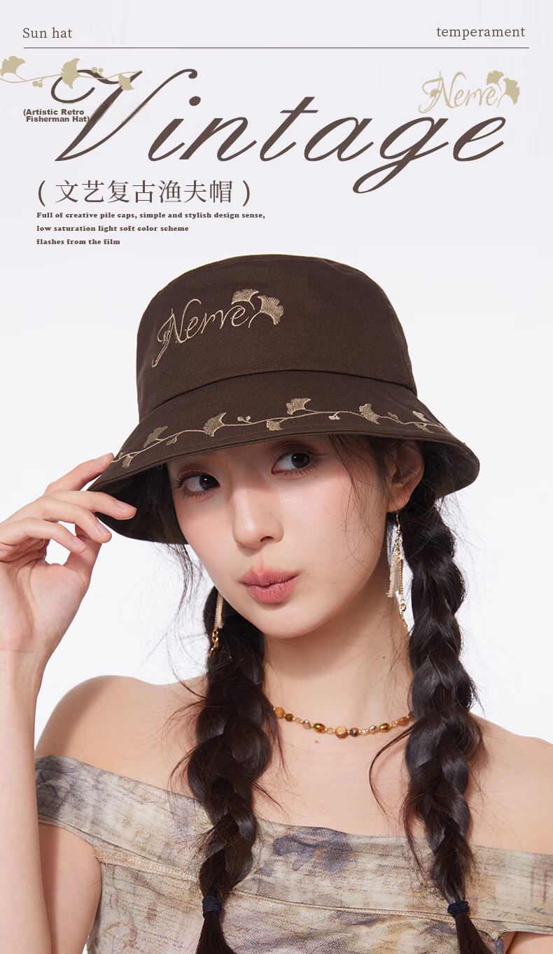 CACUSS Women's Summer Embroidered Bucket Hat Casual Face-Slimming Pure Cotton Sun Hat Caramel Brown 1
