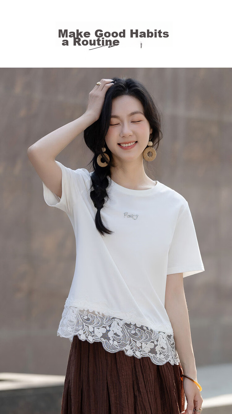 Demana [Qinshuang Solona] Summer Simple Style Rhinestone Lace Trim Letter Slim Fit T-Shirt for Women Premium Feel 1
