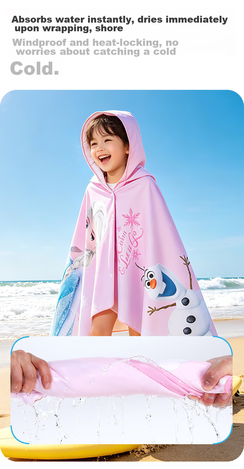 Disney Kids Beach Towel Quick-Dry Bath Towel Comfortable Absorbent Portable Cape Hooded Wearable Elsa for Ages 6-12 Swimming Extra Large 3
