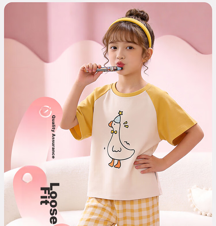 Hodo Kids Pajamas [100% Cotton] Girls Summer Thin Short Sleeve Round Neck Cartoon Homewear Set 10