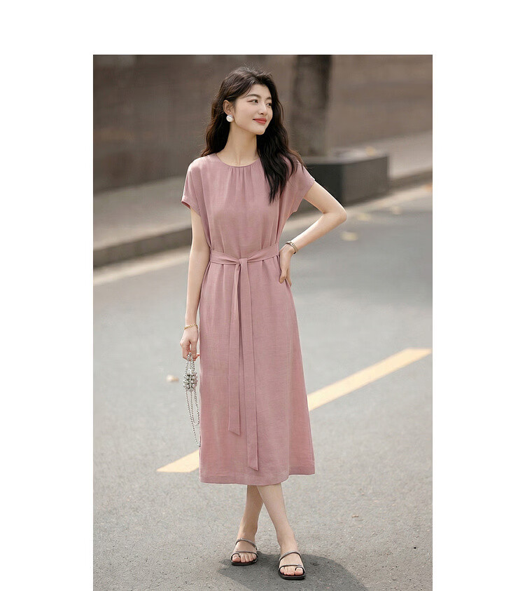 Demana Natural Linen Summer Elegant Round Neck Fabric Belt Loose Petite Mid-Length Dress for Women 12