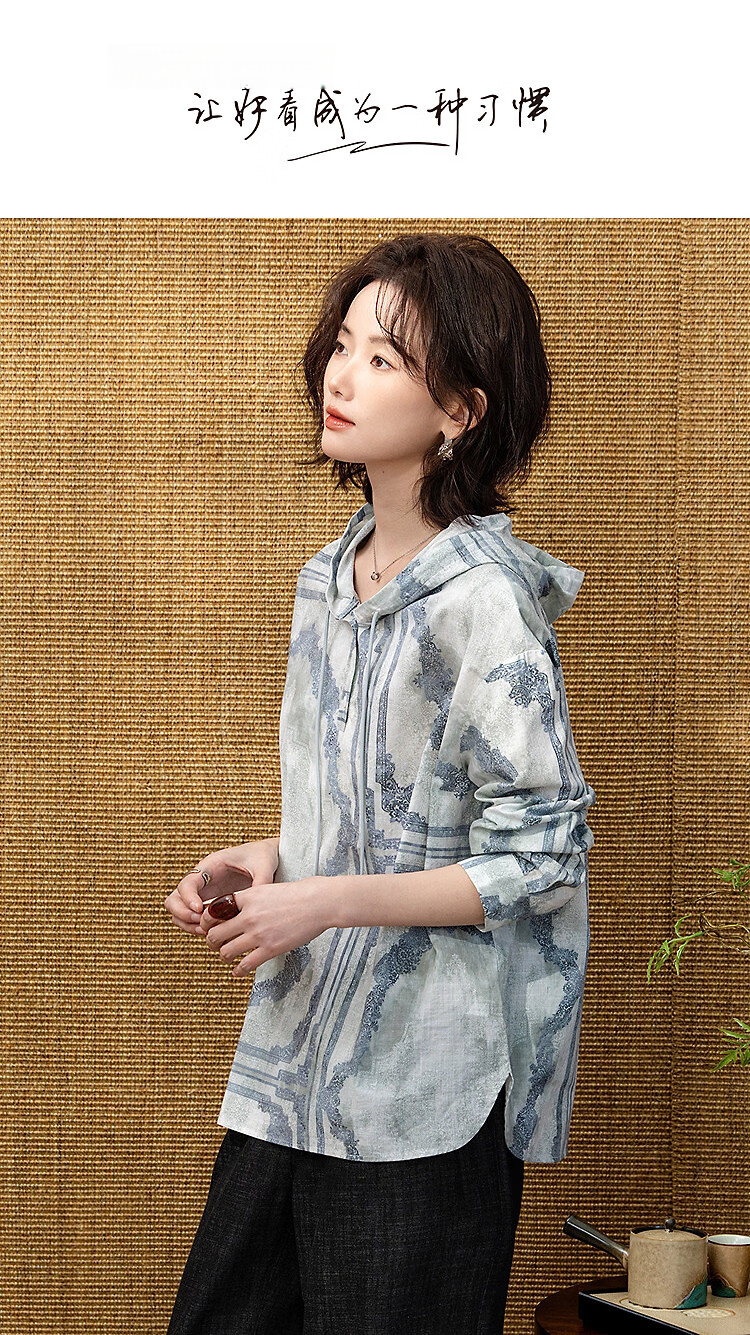 Demana [Yunxiang Pure Cotton] Spring Retro Style Hooded Ink Print Beaded Drawstring Loose Fit Petite Women's Shirt 1