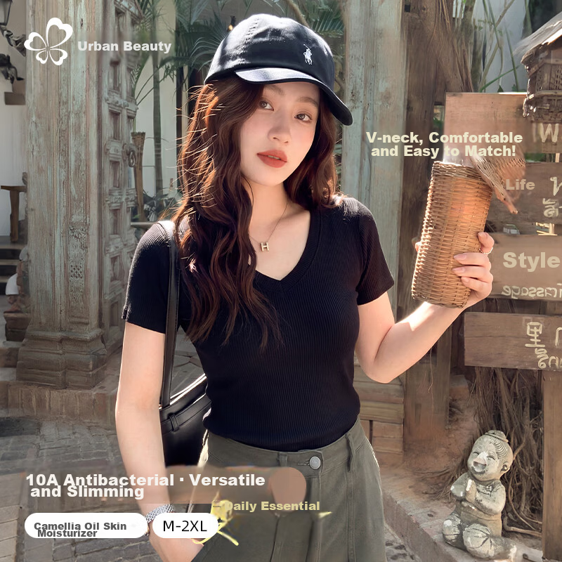 Urban Beauty Solid Color Short Sleeve Women's Summer Black V-Neck Slim Fit T-Shirt Base Layer Top [Black M]