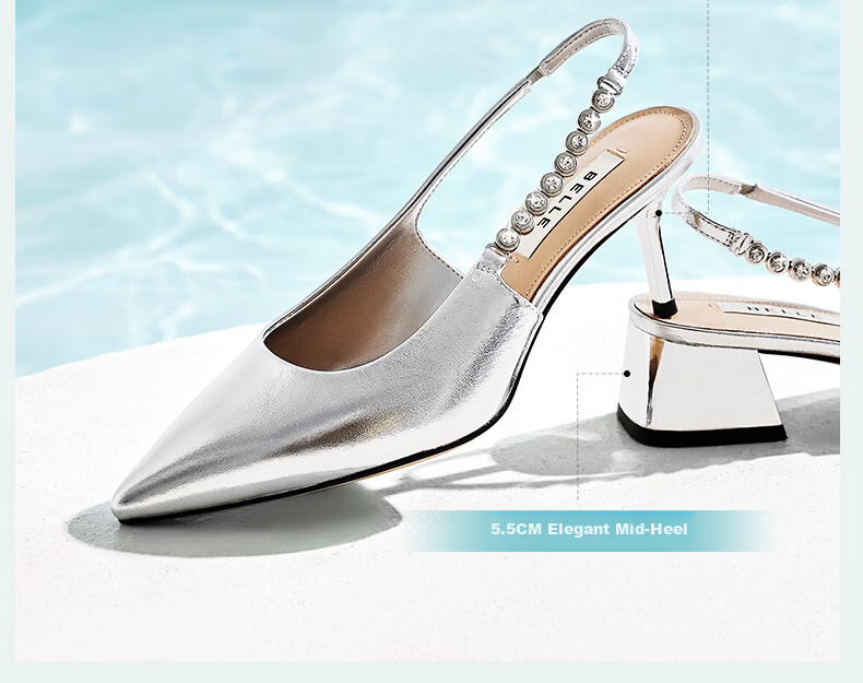 Belle Luminous Star Diamond French Style High Heels Women Summer 2026 New Beaded Pointed Toe Sandals JD041BH6 Silver Chunky Heel Size 39 8