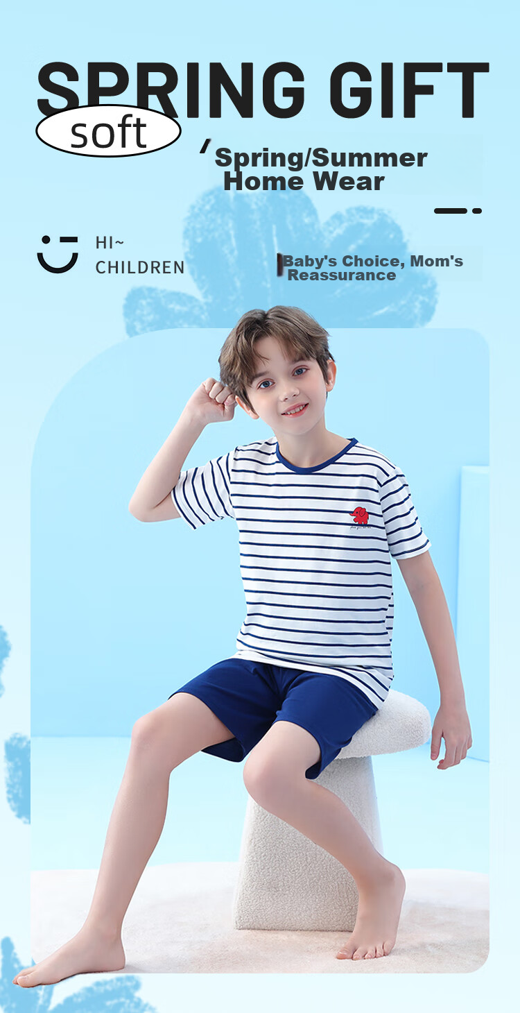 LangSha Children's Pajamas for Boys, Summer Thin Style, Youth Short-Sleeve Shorts, Student Pure Cotton Home Wear Set, Size 160 1