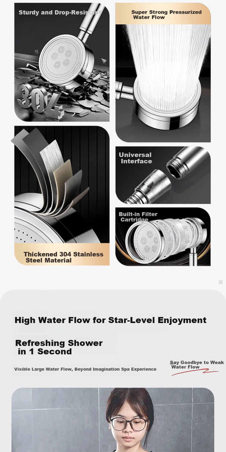 Del 28-Year Brand 304 Stainless Steel High-Pressure Shower Set Two-Piece Stainless Steel Booster Showerhead 3
