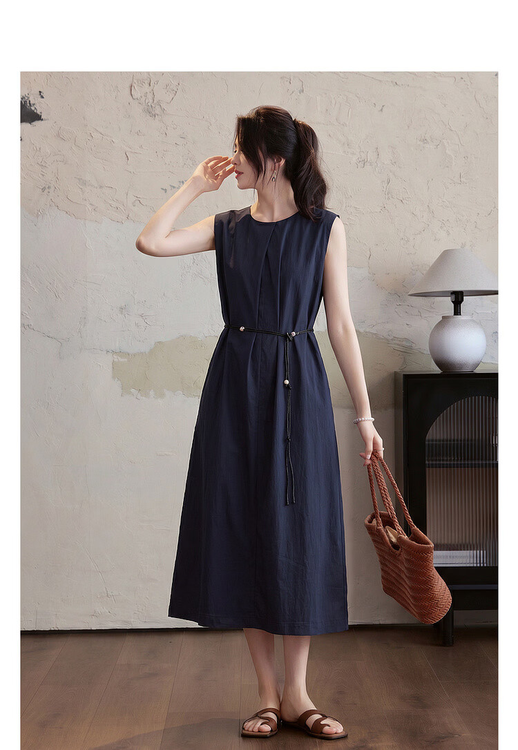 Demana Elegant Urban Summer Simple Cotton-Blend Stretch Round Neck Pleated Sleeveless Belted Dress for Women Premium Feel 3