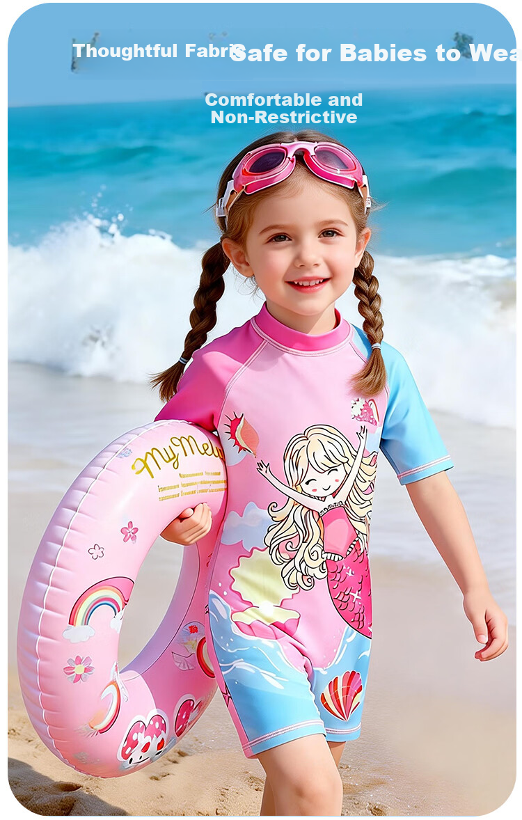 9i9 Kids Girls One-Piece Hooded Mermaid Fairy Tale Sun Protection Quick-Dry Hot Spring Swimsuit B102 Peach Blue M 4