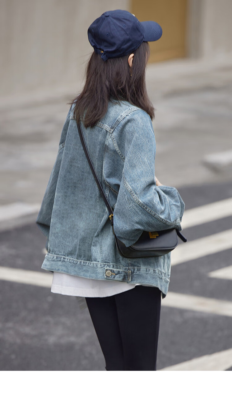 Dme [Danning Jiini] Spring And Autumn Vintage Commuter Distressed Lapel Loose-Fitting Petite Elegant Women's Denim Jacket 7