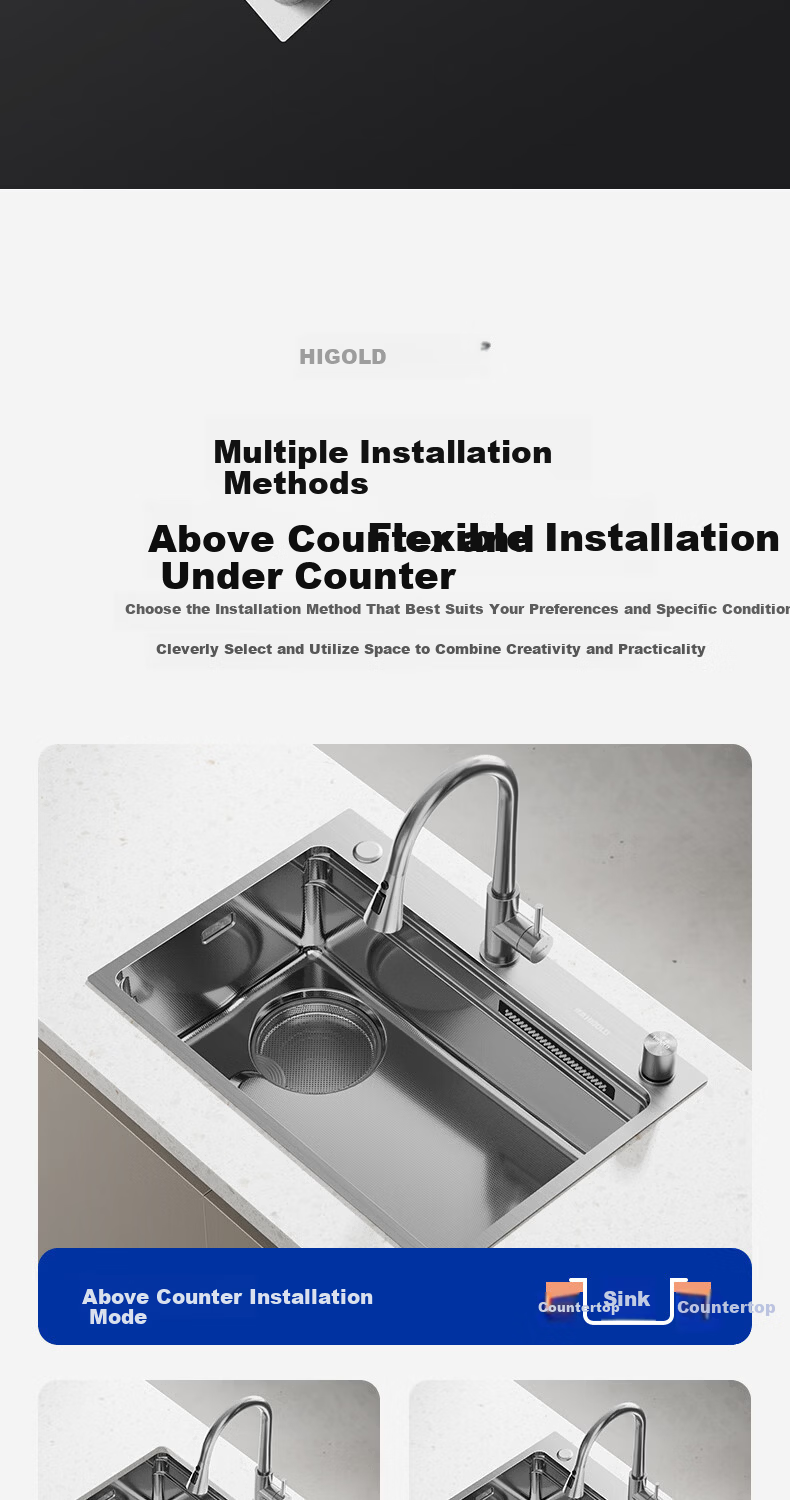 HIGOLD Kitchen Sink Stepped 304 Stainless Steel Left Drain Large Single Bowl 770*440mm Undermount Sink 16