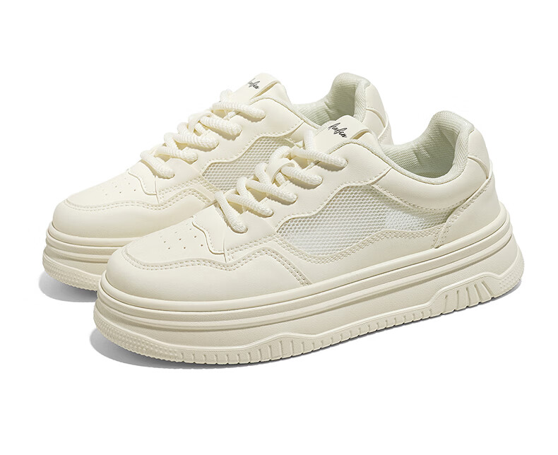 Renben Official Women's Summer Casual Shoes Mesh Breathable Sneakers Versatile White Shoes Beige Size 37 15