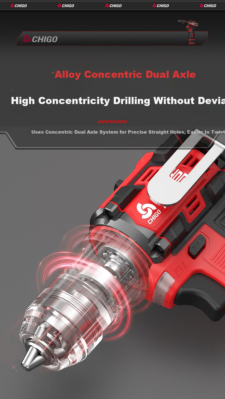 CHIGO 18V Brushless Hammer Drill Compact Cordless Electric Screwdriver Multi-Function Impact Drill 12
