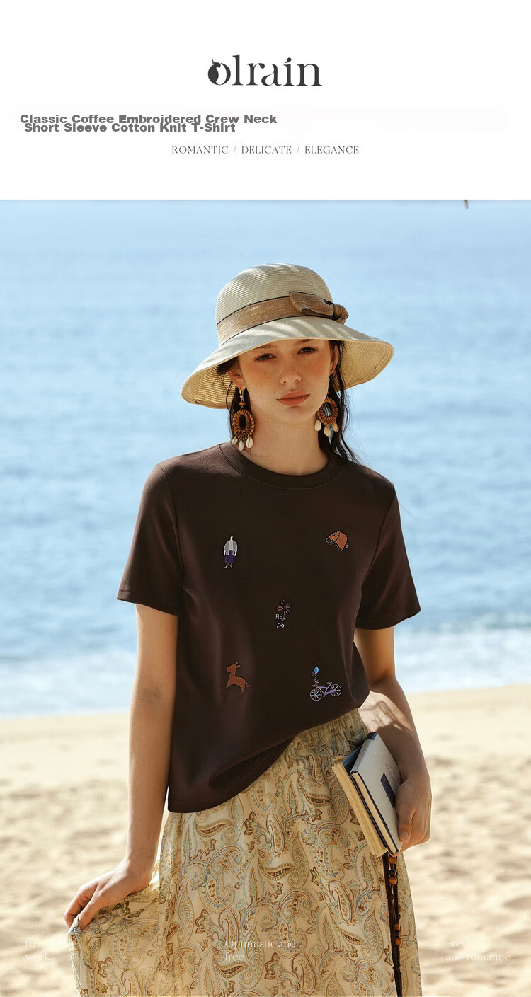 Olrain Classic Embroidered Crew Neck Short Sleeve T-Shirt Women Summer New Commuter Casual Top Brown XL 1