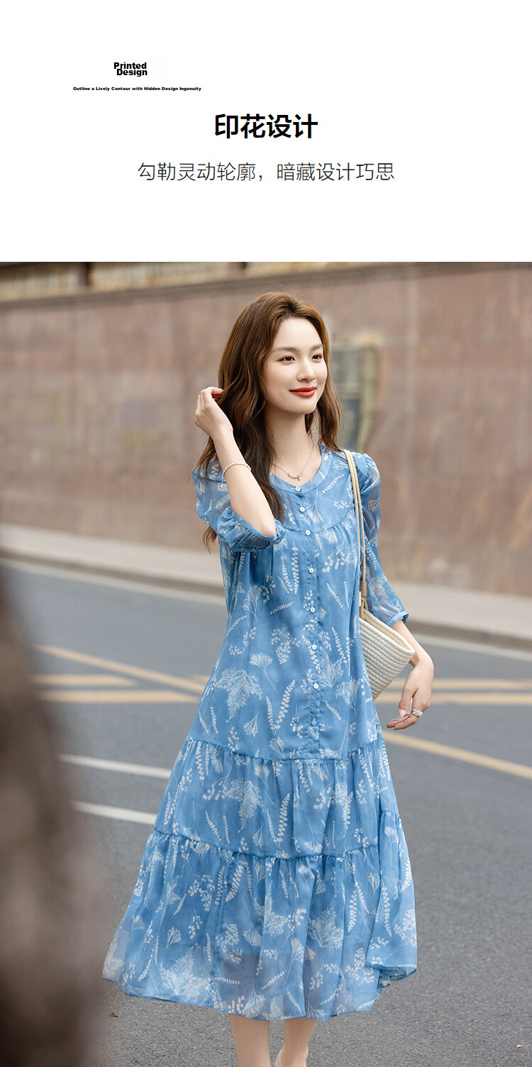 Demana Lightweight Summer Romantic Round Neck Printed Five-Sleeve Ruffle Hem Slim Fit Dress for Women Premium Quality 7