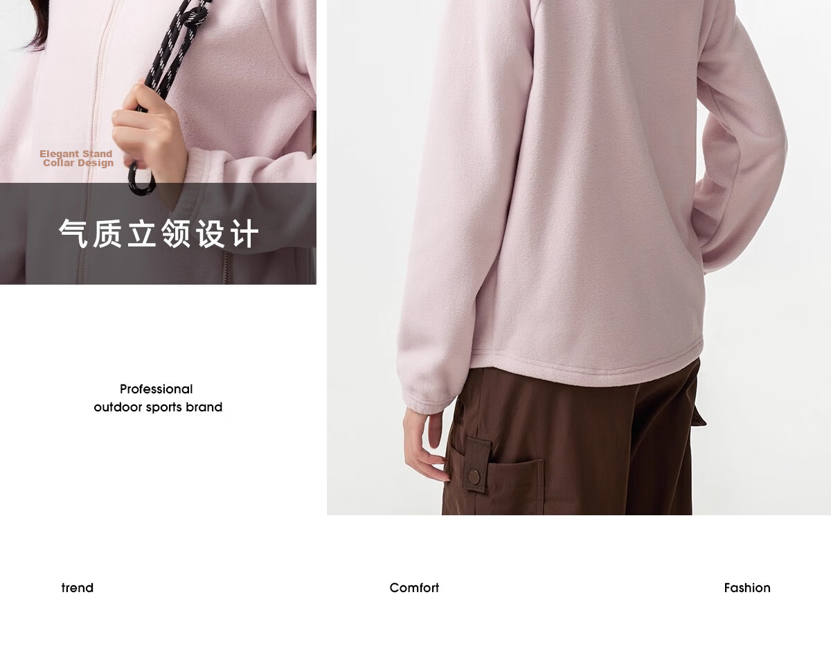 CAMEL Women's Stand Collar Fleece Jacket Double-Sided Plush Warm Anti-Static Hiking Windproof Polar Fleece Coat Men's 24