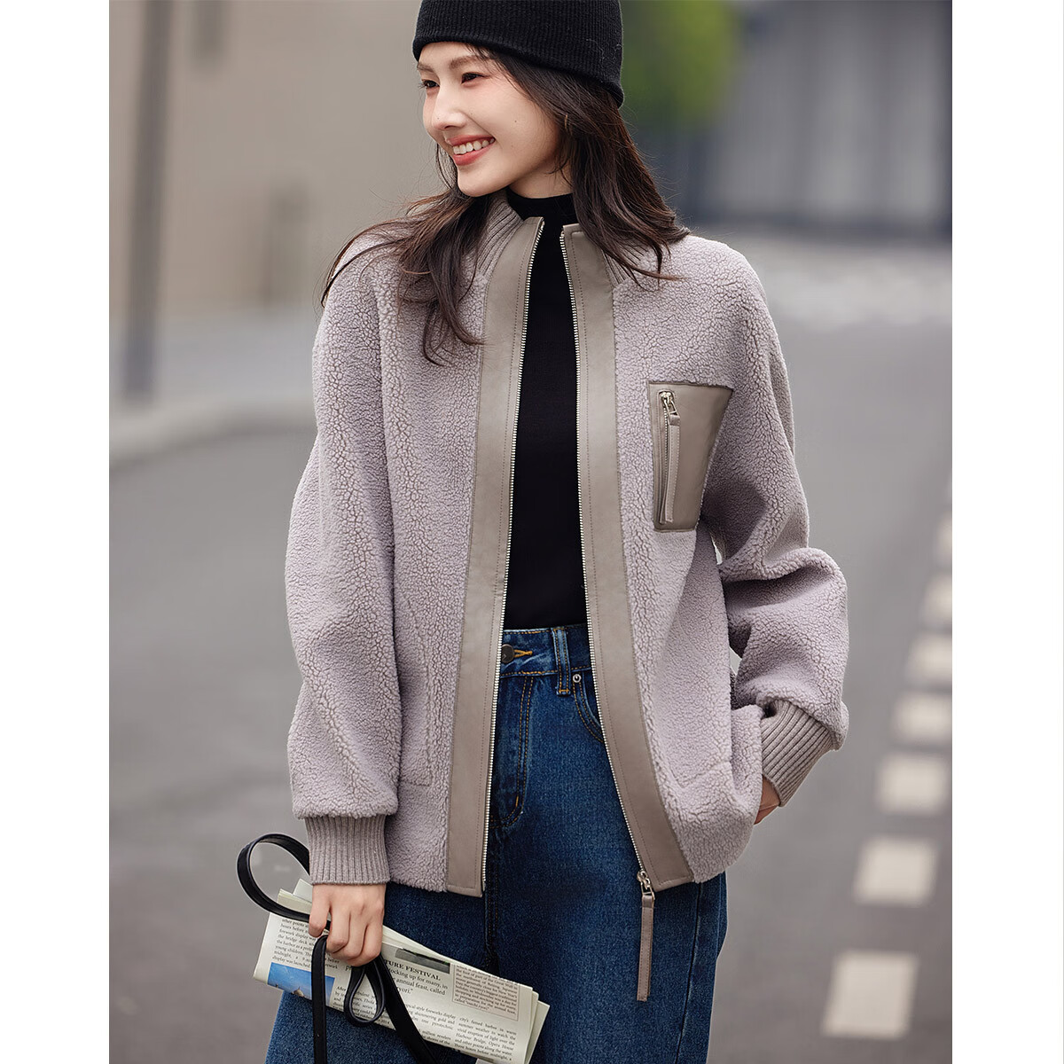 Женская куртка DME Fashion, короткая, из искусственной овечьей шерсти, зимняя, городская, повседневная, с отложным воротником и накладными карманами, дымчато-серая, размер M