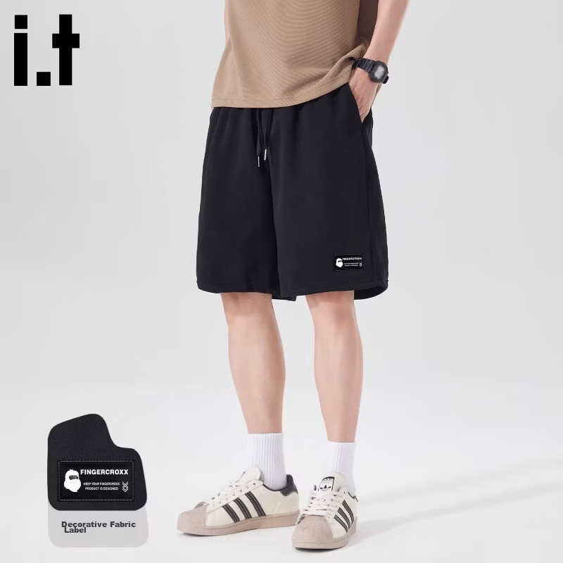 Fingercroxx IT American Casual Men's Summer Lightweight Breathable Loose Fit Five-Point Straight Woven Shorts Black M