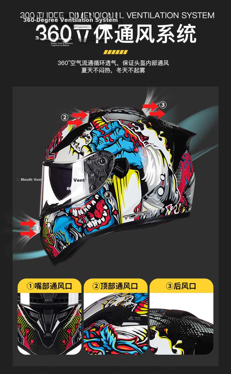TORC Motorcycle Helmet Four Seasons Full Face Dual Lens Motorbike Large Spoiler 3C Certified Unisex T128 White 8