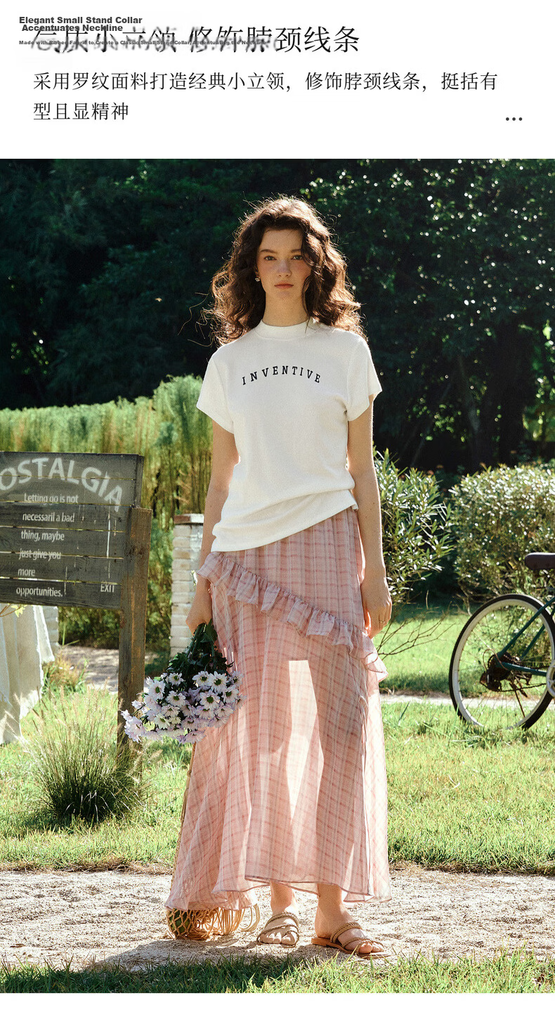 Olrain Oureier Stand Collar Letter Embroidered Short Sleeve T-Shirt Women Summer Casual Slim Fit Top White M 8