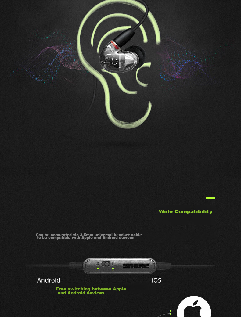 SHURE AONIC 3 In-Ear Balanced Armature Noise-Isolating Earphones with Wired Remote and Call Function Professional HIFI Music Earphones Black 6