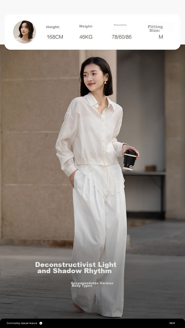 Demana Luxury Linen Spring Elegant Lapel Lace Splice Drawstring Loose Petite Women's Shirt 9