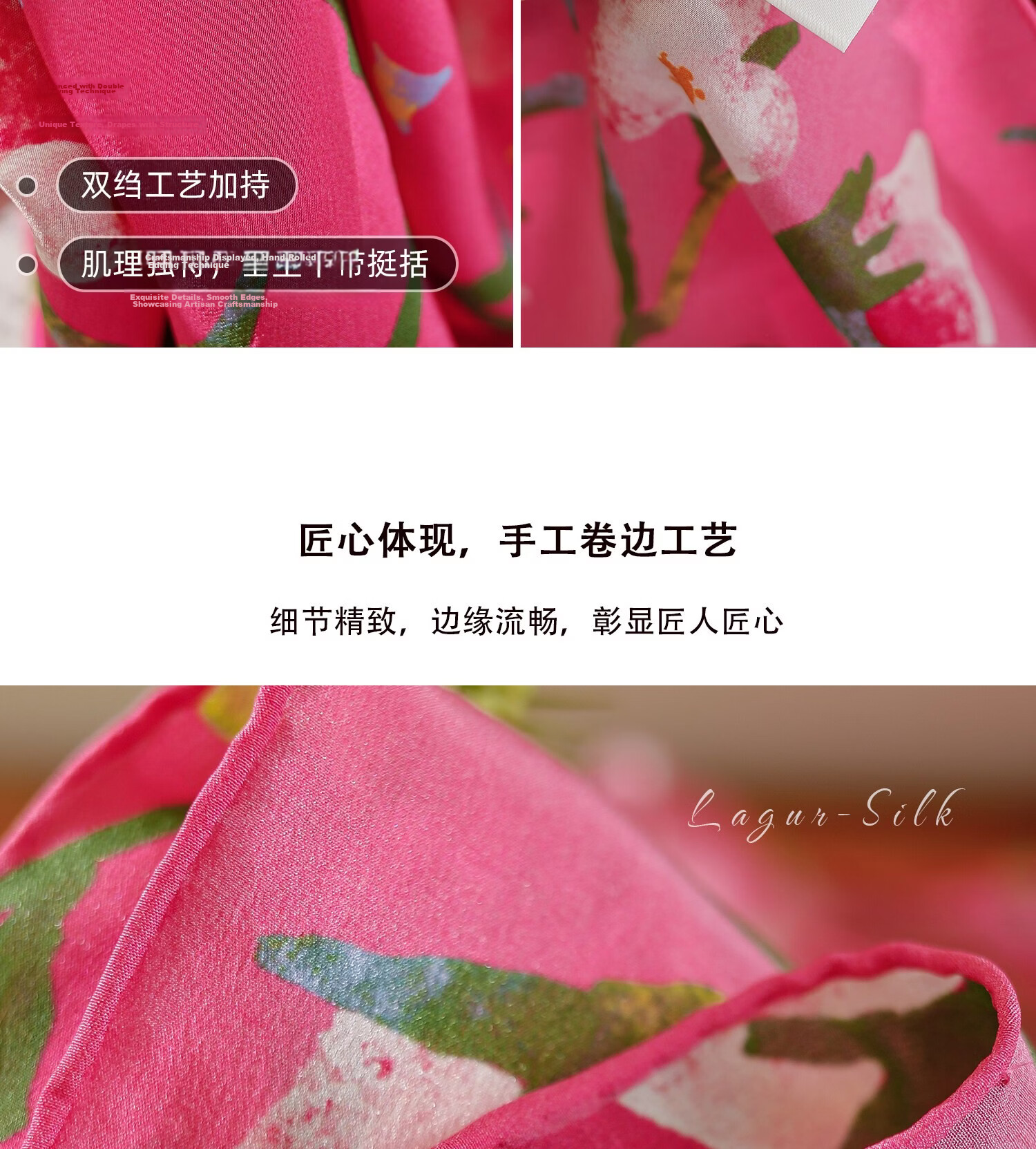 Lagur "Rose Red Morning Glory" Original Handmade Fine Rolled Mulberry Silk Scarf Midnight Blue (Pink Gift Box) 14