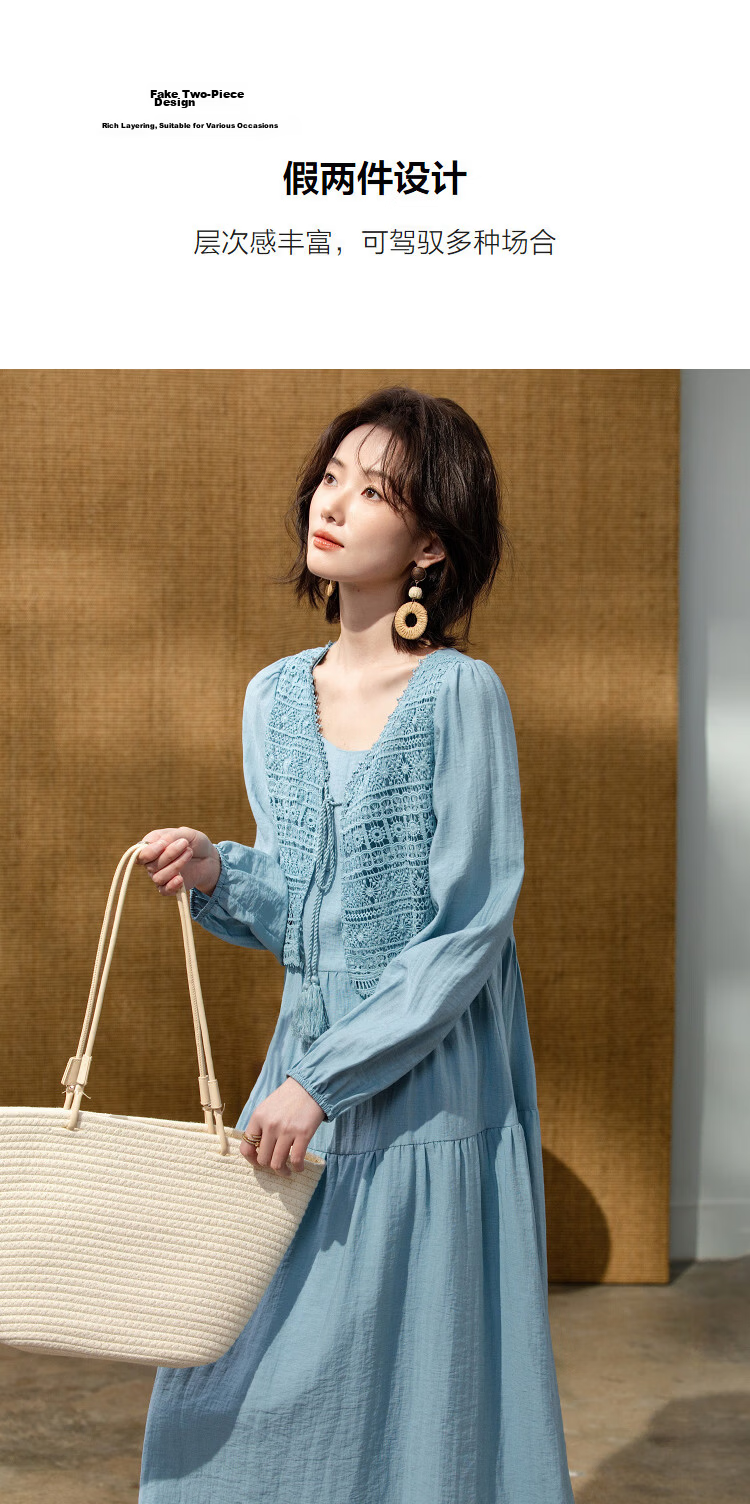 Demana Linen-Viscose Blend Tea Break Dress Spring Elegant Faux Two-Piece Lace Hollow Tower A-Line Women's Dress 7
