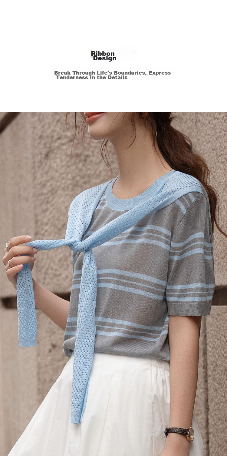 Demana Breathable Yarn Spring College Style Ribbon Striped Loose Slim Short Sleeve Women's Knit Sweater 7