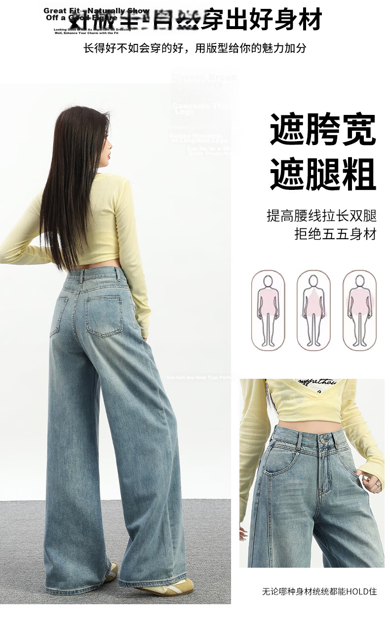 Jeanswest Women's Summer Wide-Leg Curved Seam High-Waist Slim Straight-Leg Blue Jeans XS 7