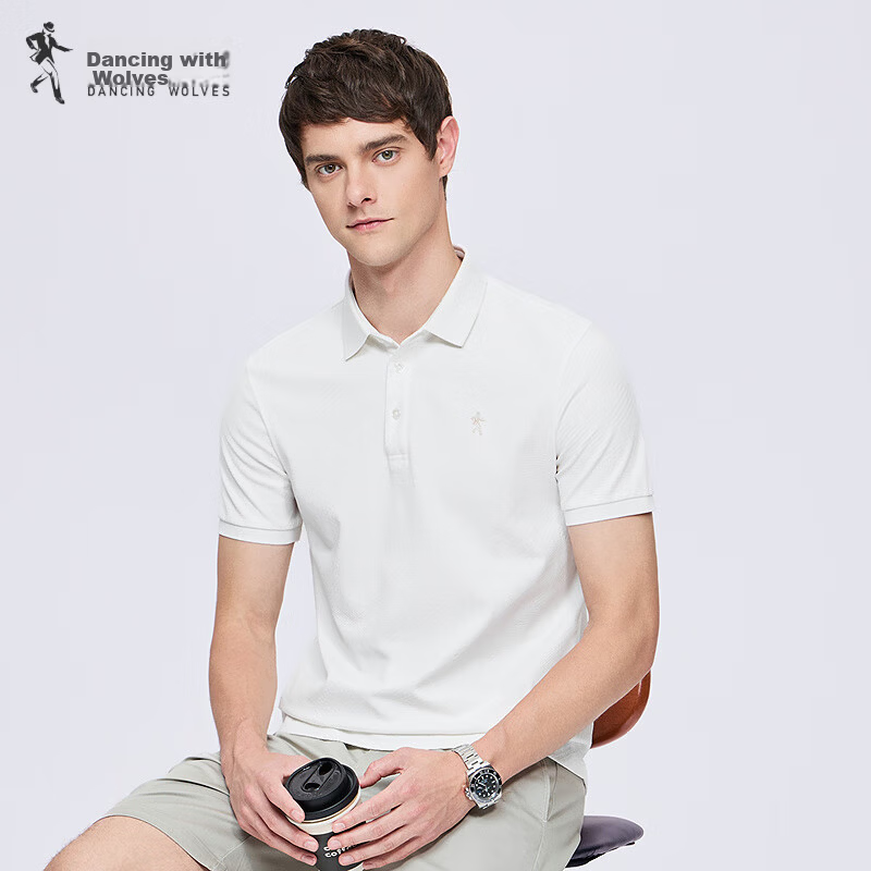 Dance with Wolves [Non-Deforming Collar] Textured Jacquard Summer Breathable Men's Short Sleeve Polo Shirt 803 Off-White 2XL