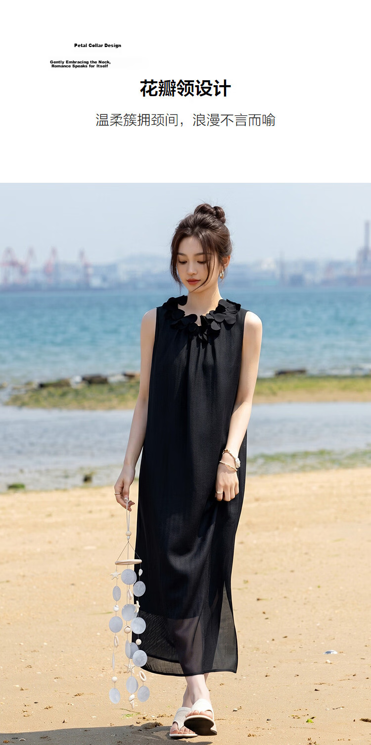 Demana Elegant Goddess Summer French Vacation Style Petal Collar Sleeveless A-Line Slim Dress for Petite Women 7