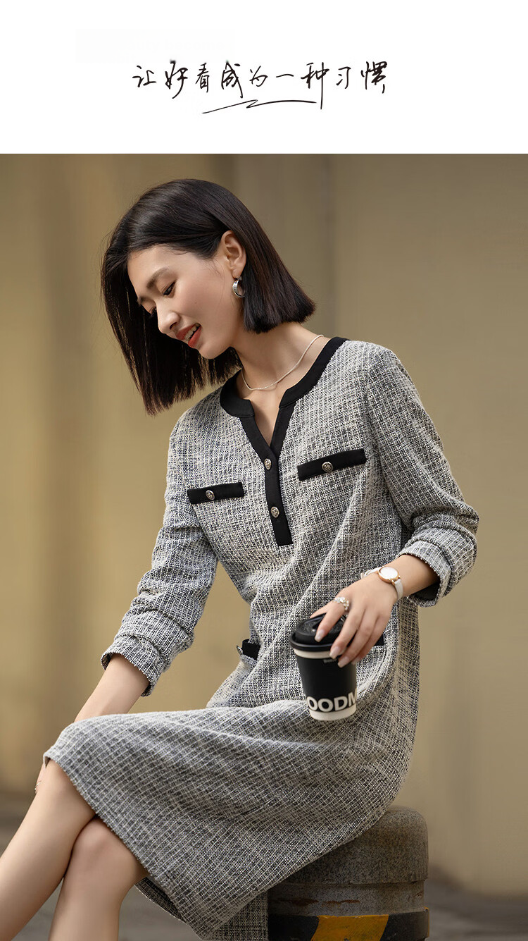 Demana [Smart Sensory Woman] Spring Small Fragrance Style Color-Block V-Neck Faux Pocket Long Sleeve Petite Women's Dress 1
