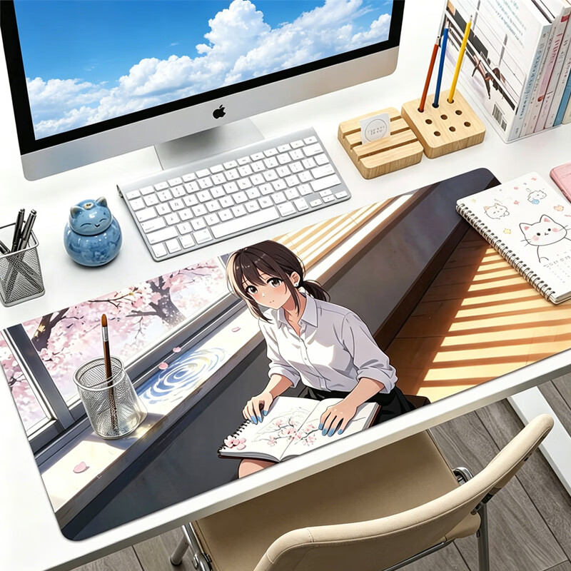 Juyingfeng Large Mouse Pad Cute Healing Clear Cartoon Office Dorm Bedroom Laptop Mouse Keyboard Mat with Edge Locking 800*300*2mm Cherry Blossom Time