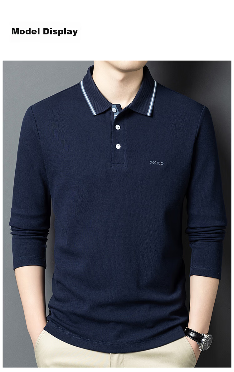 Edenbo Long Sleeve Polo Shirt Men Pure Cotton Simple Top Navy Blue 175/92A (XL) 14