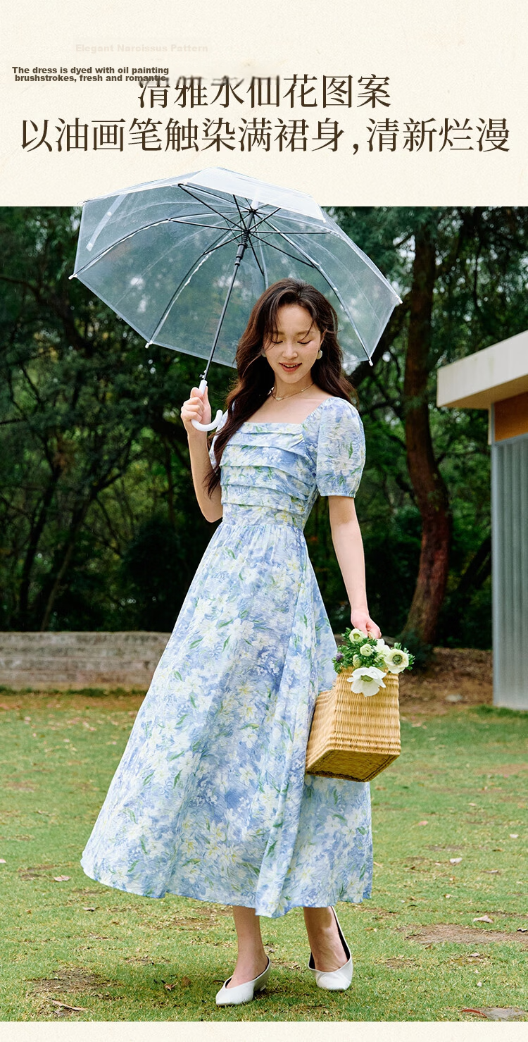Inman Vacation Style Seaside Print Dress Summer Women's Square Neck Puff Sleeve Waist Cinched Long Dress Glaze Blue S 4