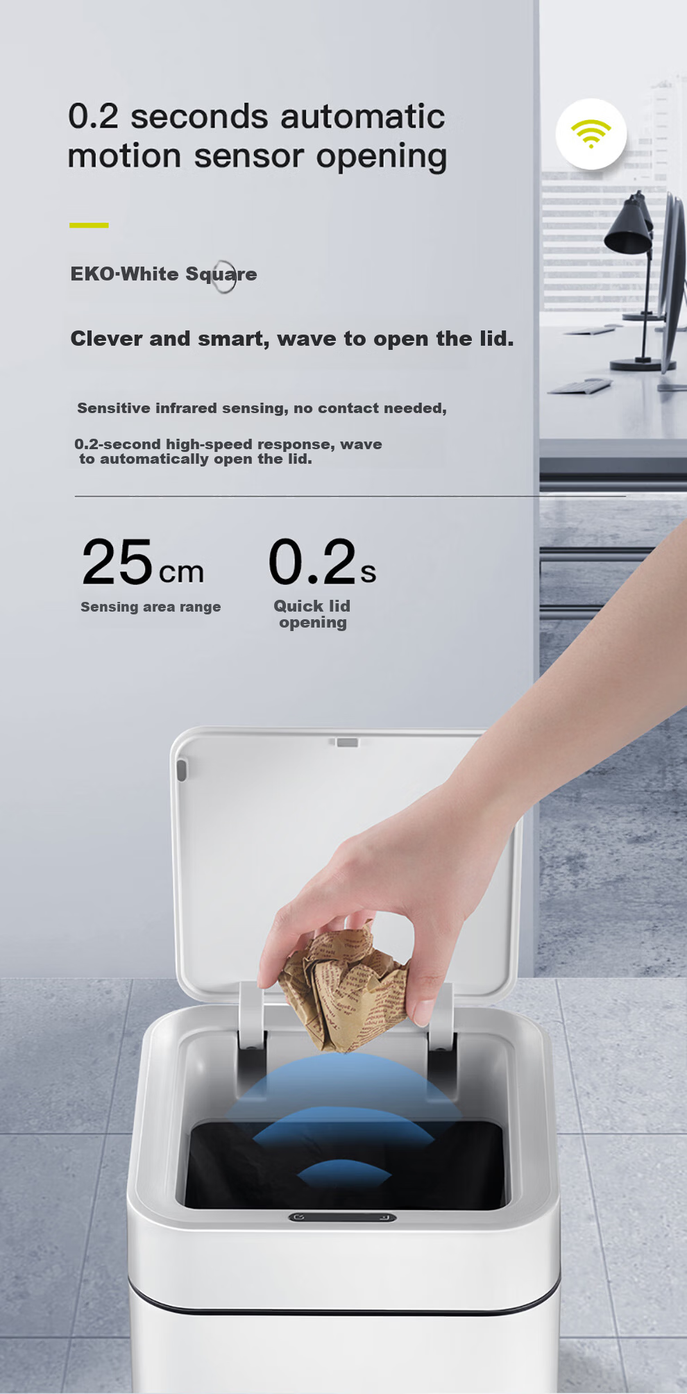 EKO Sensor Smart Trash Can 15L Matte White Commercial Stainless Steel Large Office Hotel Kitchen Bathroom EK9208 4