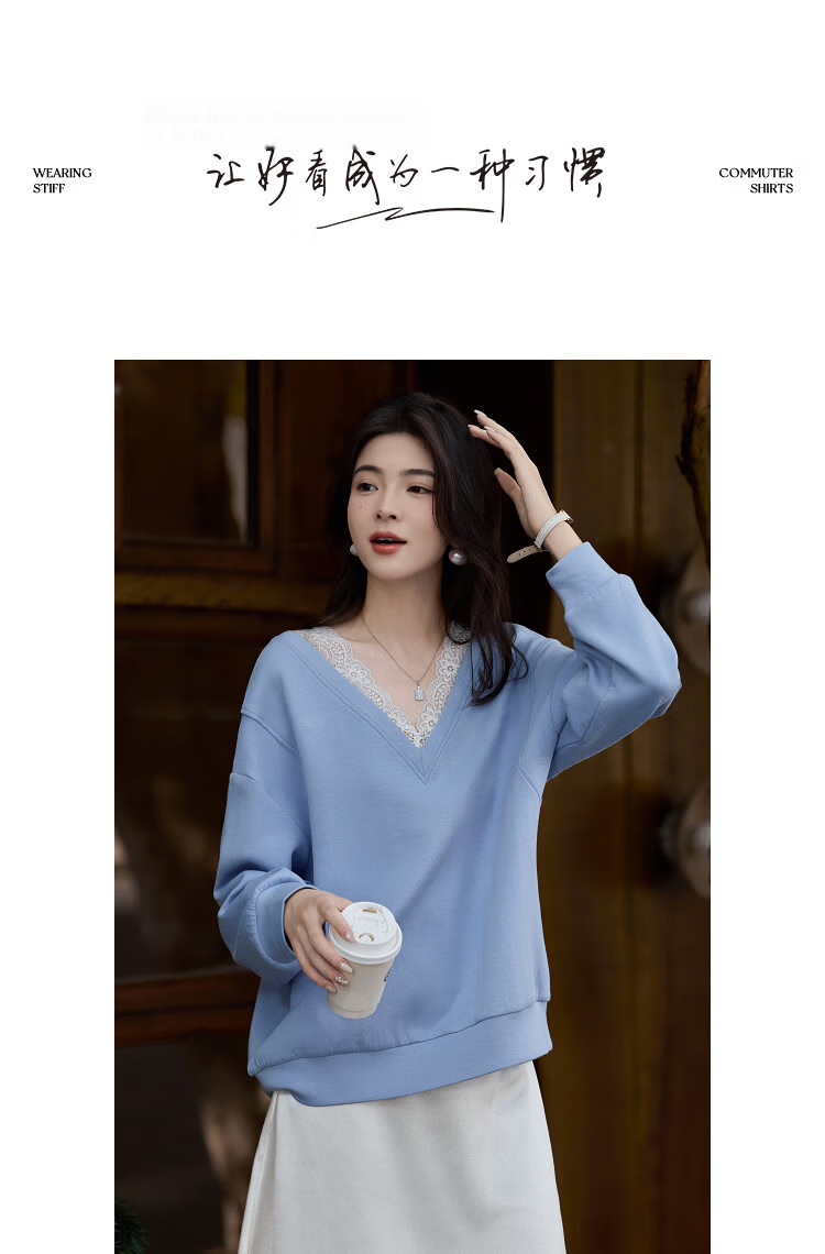 Dme 【Q】Spring Korean Style Lace Splice V-Neck Drop Shoulder Long Sleeve Petite Sweatshirt for Women 12