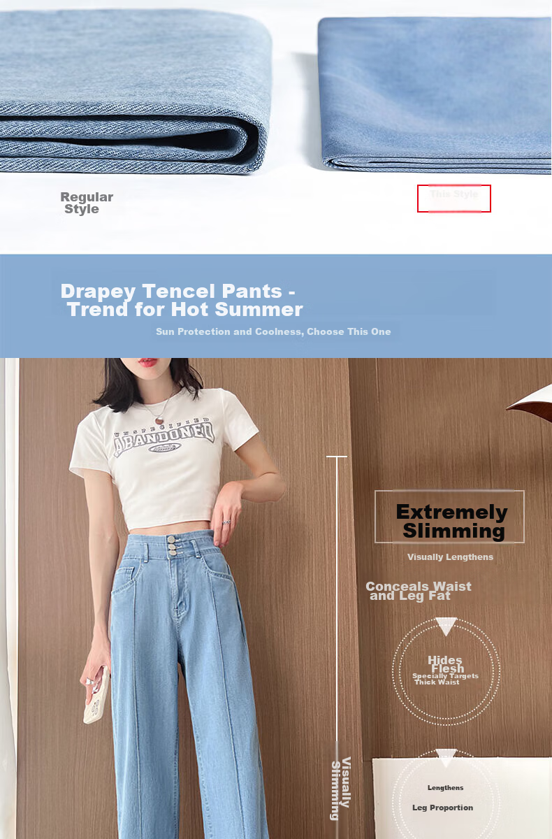 Langsha Fashion Mid-Rise Wide-Leg Summer Tencel Denim Pants for Women High Waist Slimming Loose Ice Silk Straight-Leg Trousers 6